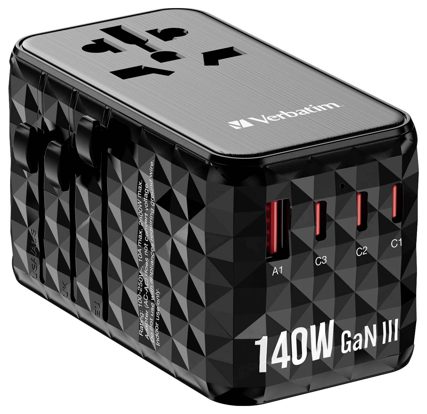 A black, multi-functional travel adaptor with three USB ports and various plug socket attachments, suitable for worldwide use.