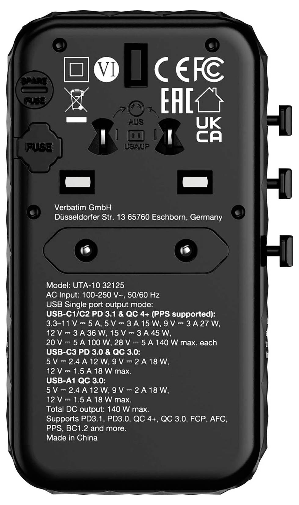 Black adapter rear side with technical details: Verbatim Ltd, various symbols, connection specifications and manufacturing notes.