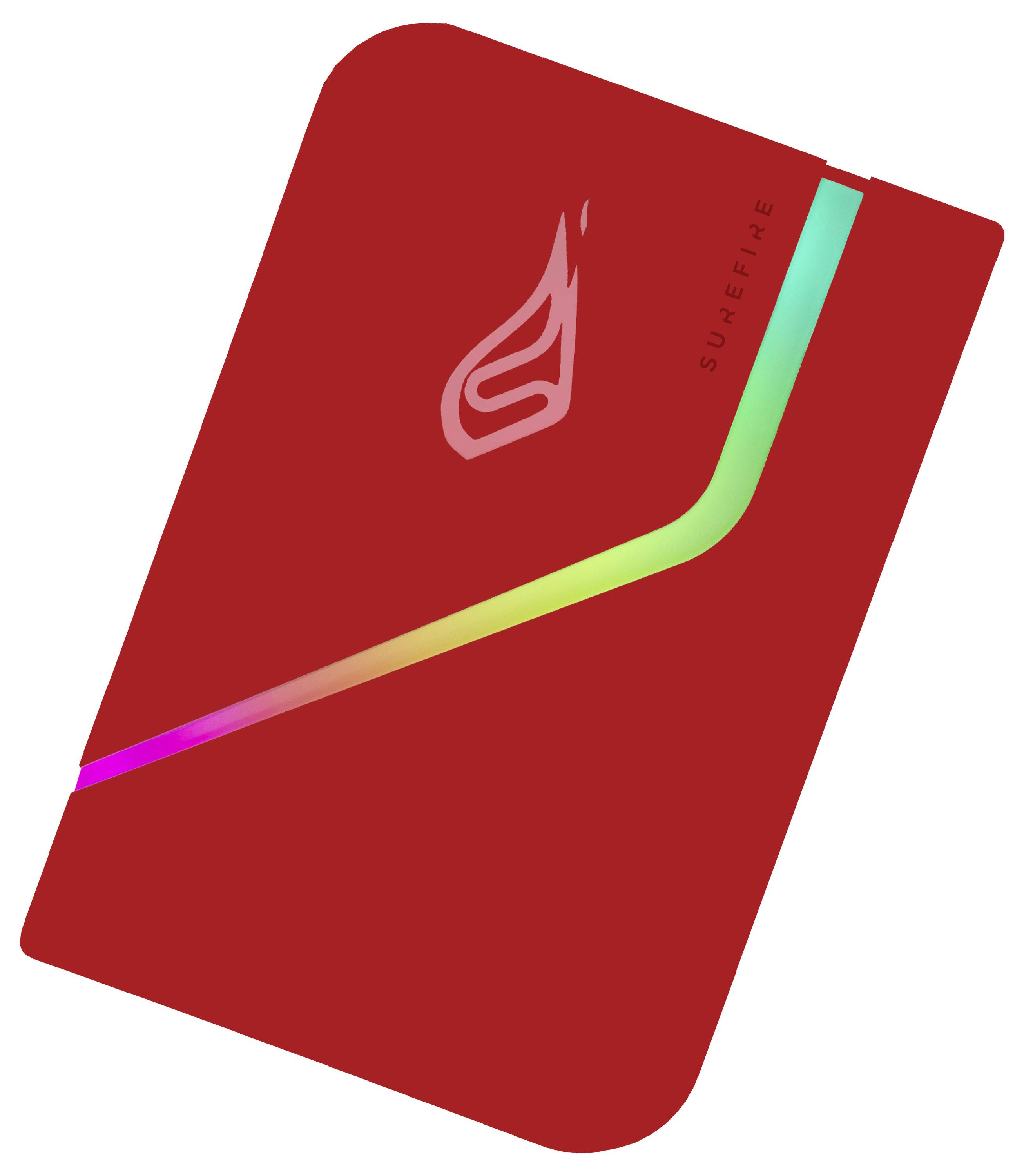 External red hard drive with a logo and a narrow, illuminating stripe in rainbow colours.