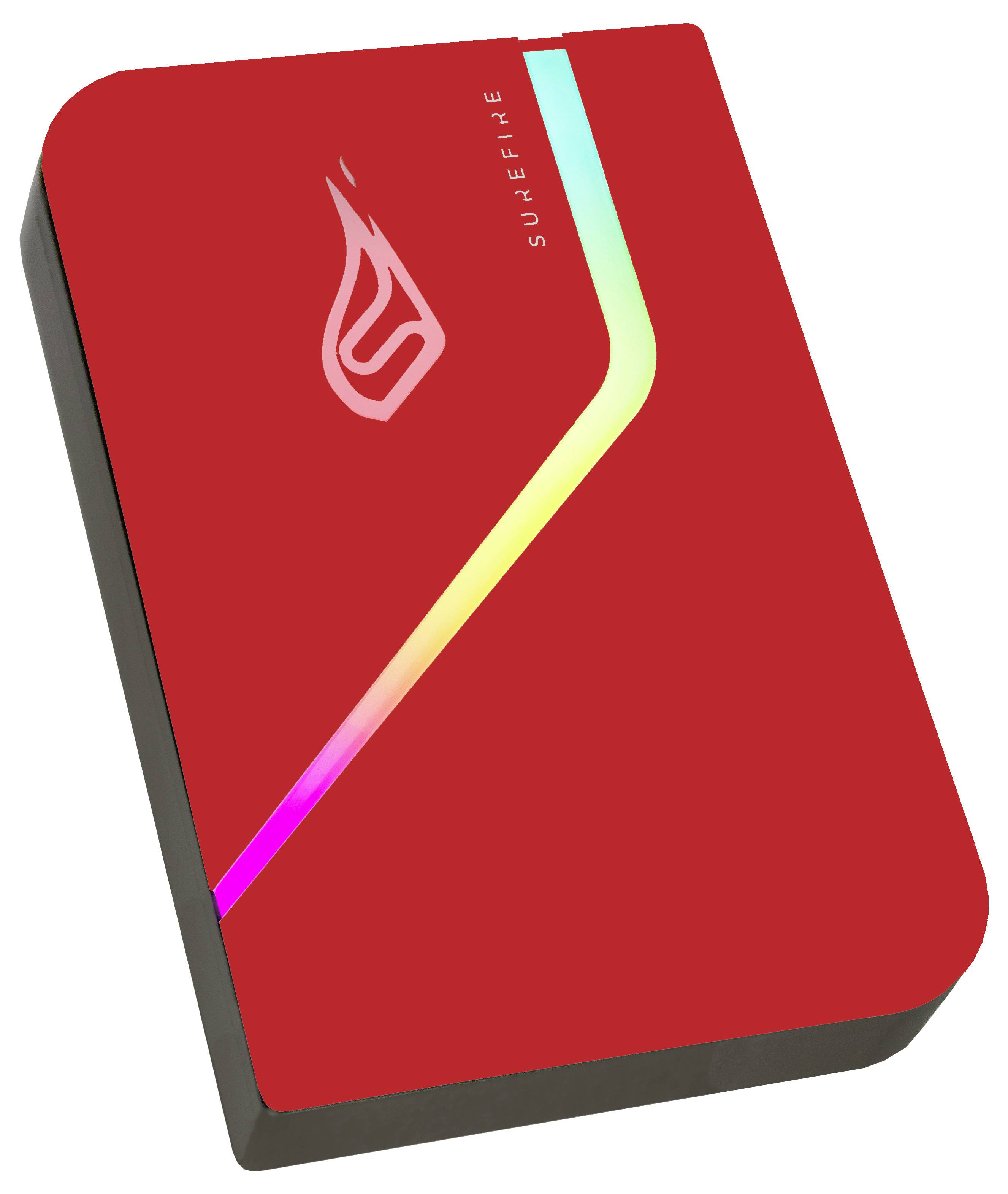 External hard drive with a red casing and a stylised flame logo on the top surface. A coloured stripe accentuates the design.