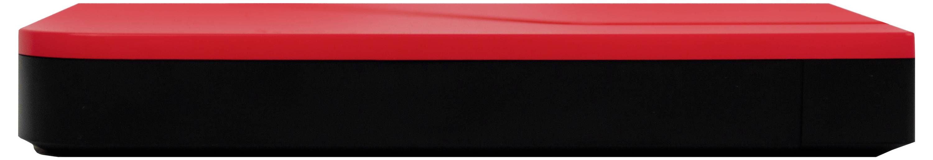 A rectangular, shallow box with a red top and black bottom. Hypothetically, it could be a technical device.