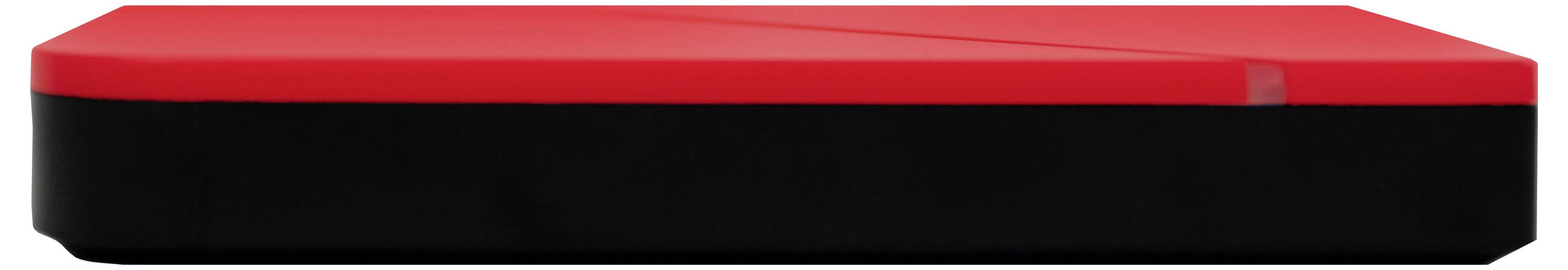 Rectangular red and black mattress, side view. The top surface is red, the bottom part black.