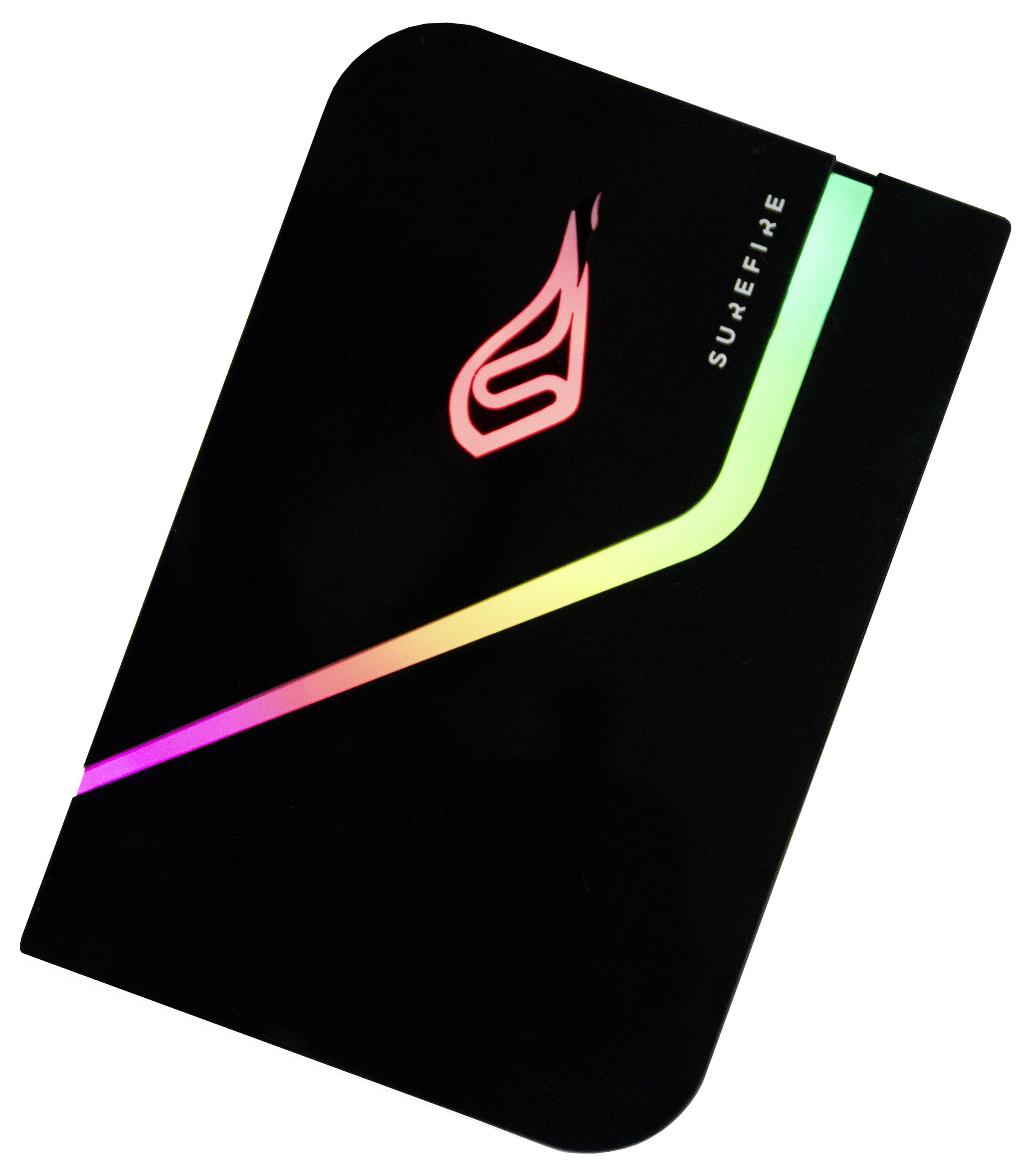 Black external hard drive with colourful, diagonal LED strips and company logo.