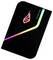 Black external hard drive with colourful, diagonal LED strips and company logo.