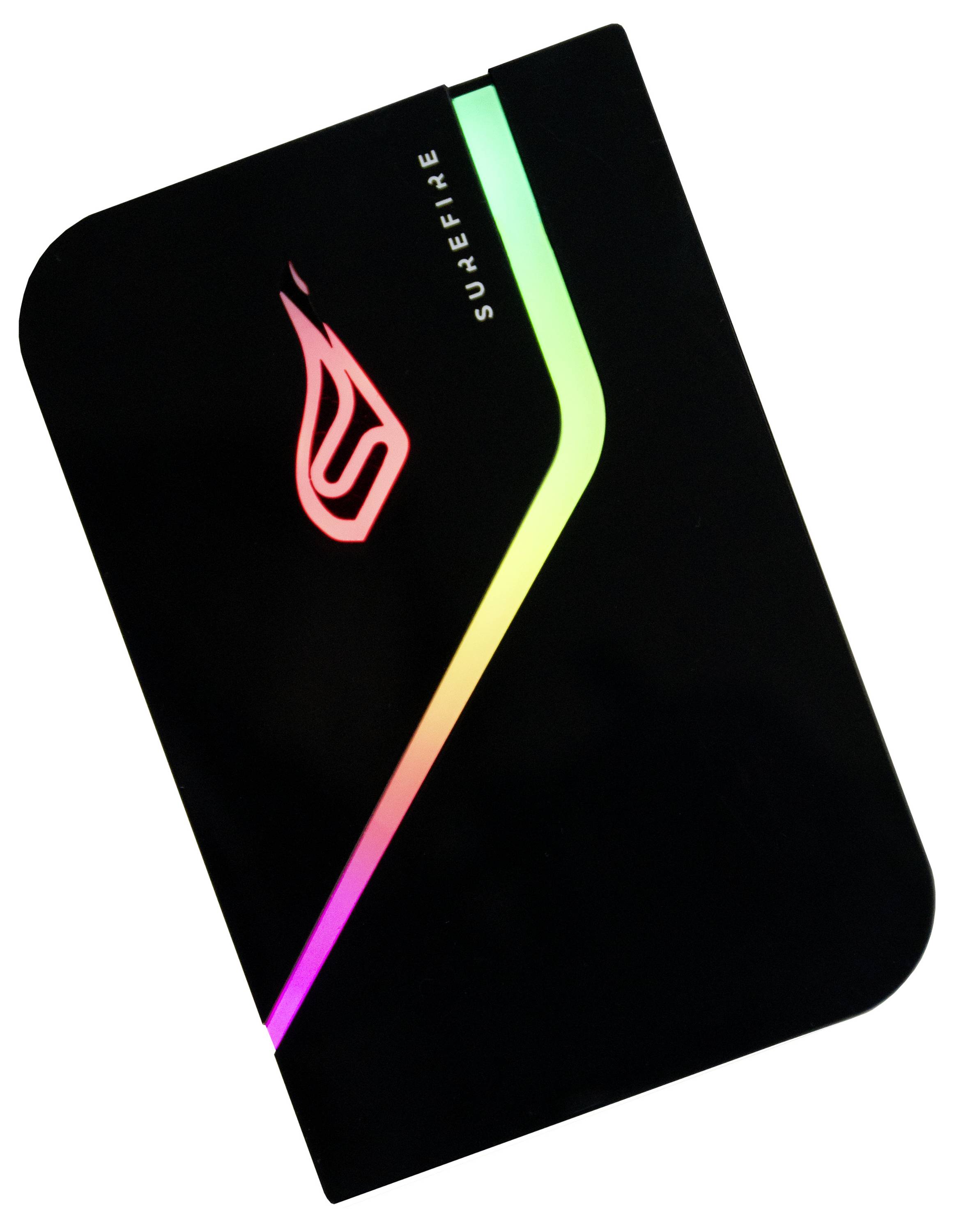 An external hard drive with RGB lighting and a flame logo. Branded 'SureFire'. Suitable for gaming setups.
