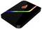 External hard drive in a black enclosure with RGB light strips and logo on top.