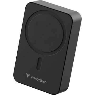 Portable, black charger with a circular charging area on top and 'verbatim' logo underneath. Suitable for wireless charging.