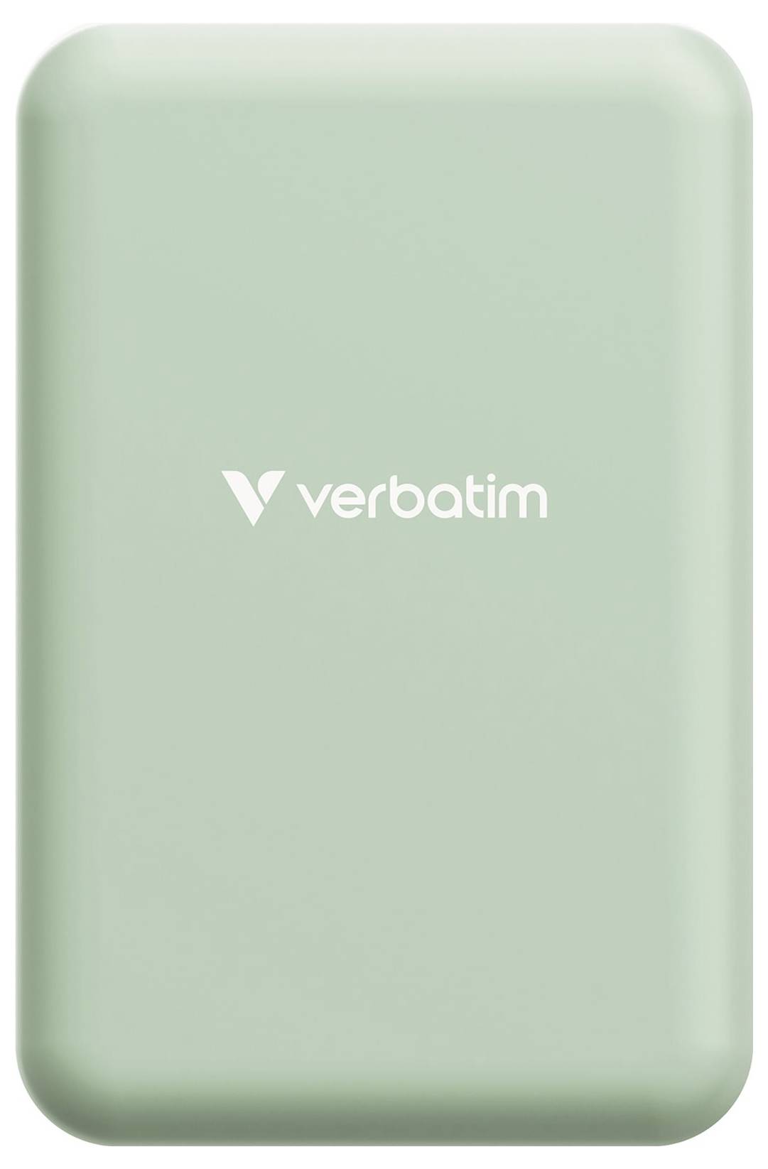 External hard drive by Verbatim in mint green, with a smooth, rectangular shape and the brand logo in the centre.