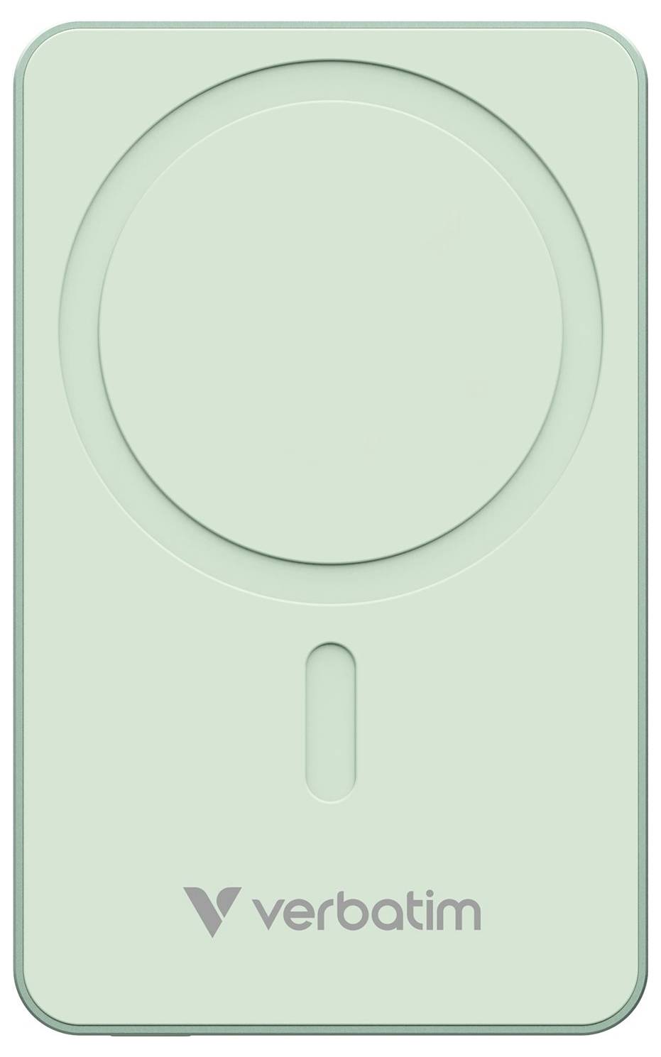 Green, rectangular charger by Verbatim with a circular area on top and a small vertical slot underneath.