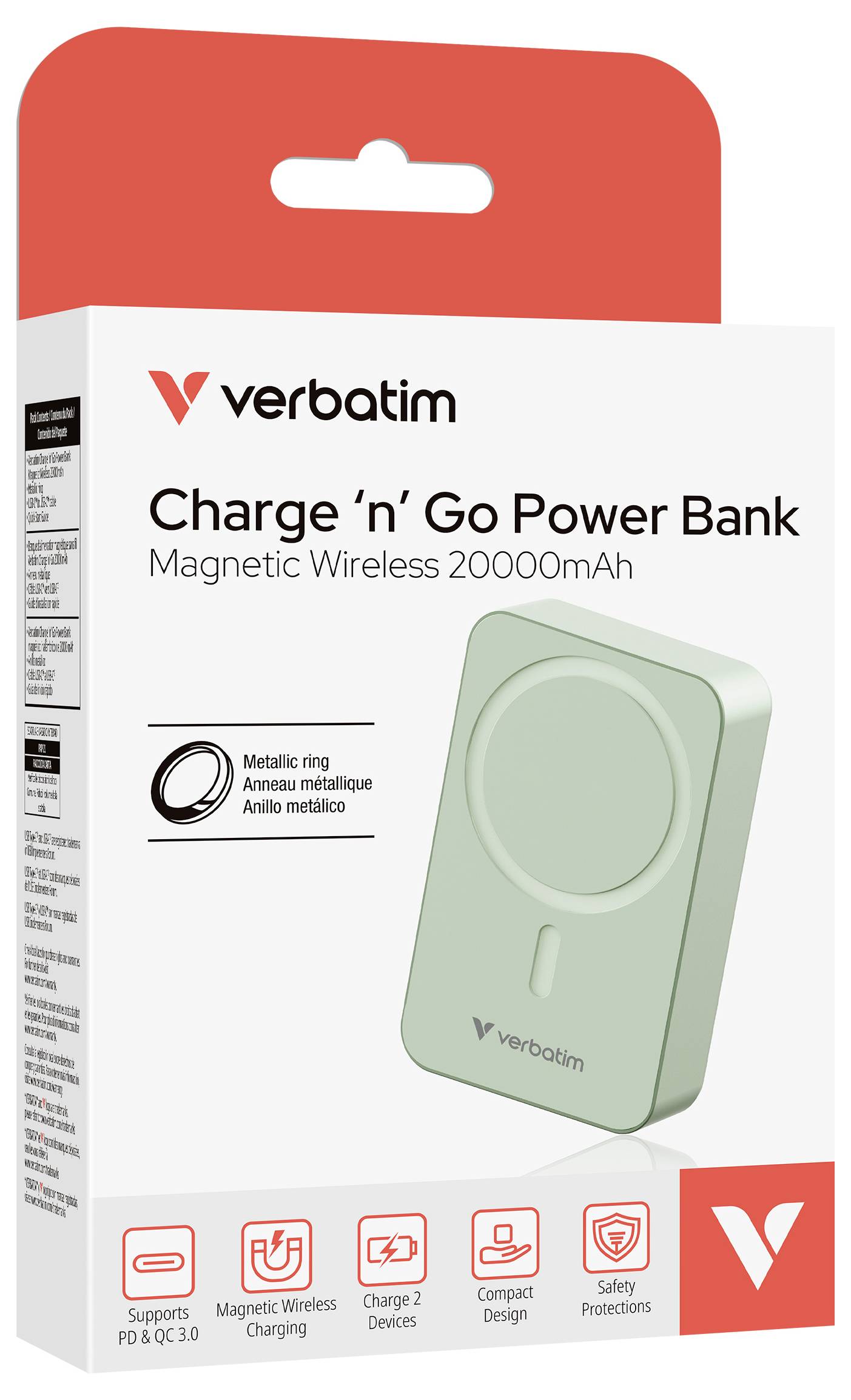 Packaging for a Verbatim Charge 'n' Go Power Bank, 20000mAh, with magnetic wireless charging. Compact design, user guarantees.