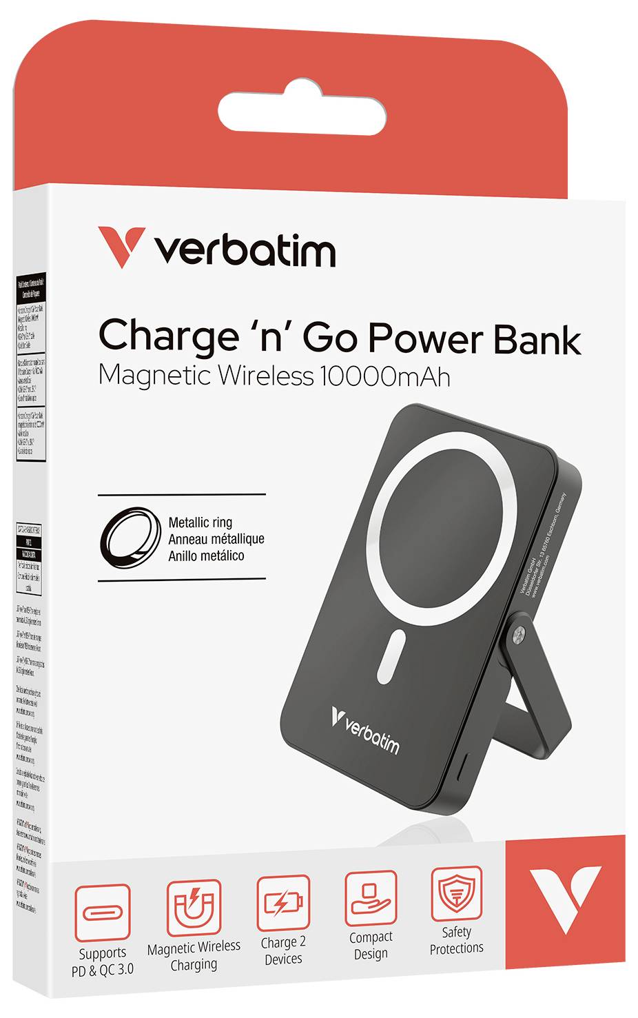 'Verbatim Charge 'n' Go Power Bank', 10000mAh wireless charger with magnetic ring, supports PD & QC 3.0, charges 2 devices.