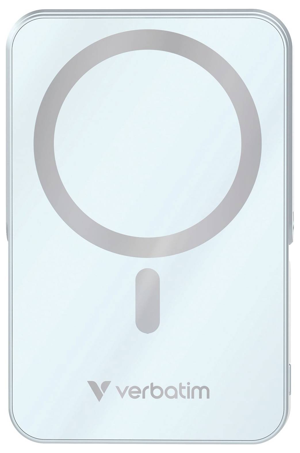 External hard drive by Verbatim in a light colour, with a large circular symbol in the centre and the Verbatim logo at the bottom.