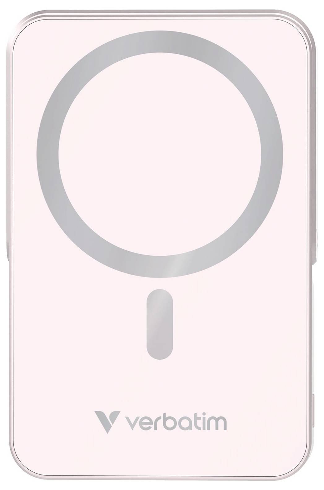 Portable charger by Verbatim in Pink, with a large, circular symbol on top and the Verbatim logo at the bottom.