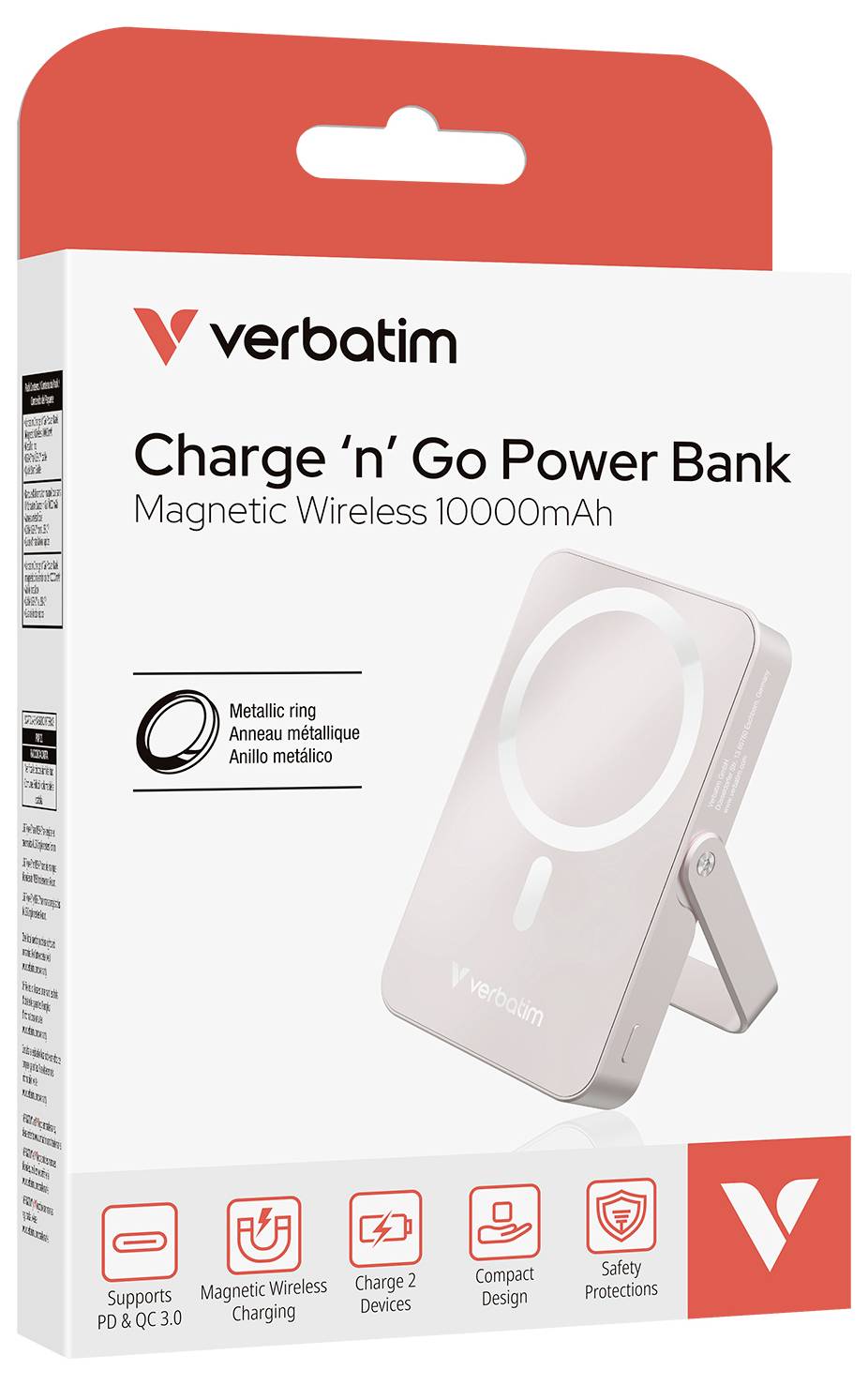 Packaging for a Verbatim Charge 'n' Go Power Bank with 10000mAh, featuring a magnetic ring for wireless charging, supporting PD & QC 3.0, in a white design.