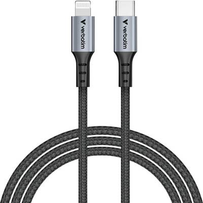 Two braided cables with USB-C and Lightning connectors, suitable for charging and data transfer purposes, both from Verbatim.