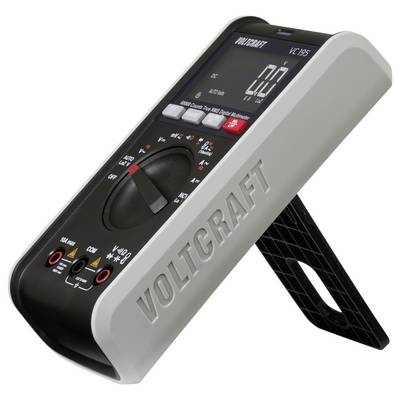 'Voltcraft VC 105' digital multimeter standing on a foldable stand, displaying '0.0' on the screen, with buttons and dial for settings.