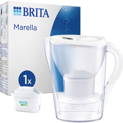 Water filter jug and filter cartridge by Brita Marella. On the left, a cardboard box with the Brita logo, on the right a transparent jug with a handle.