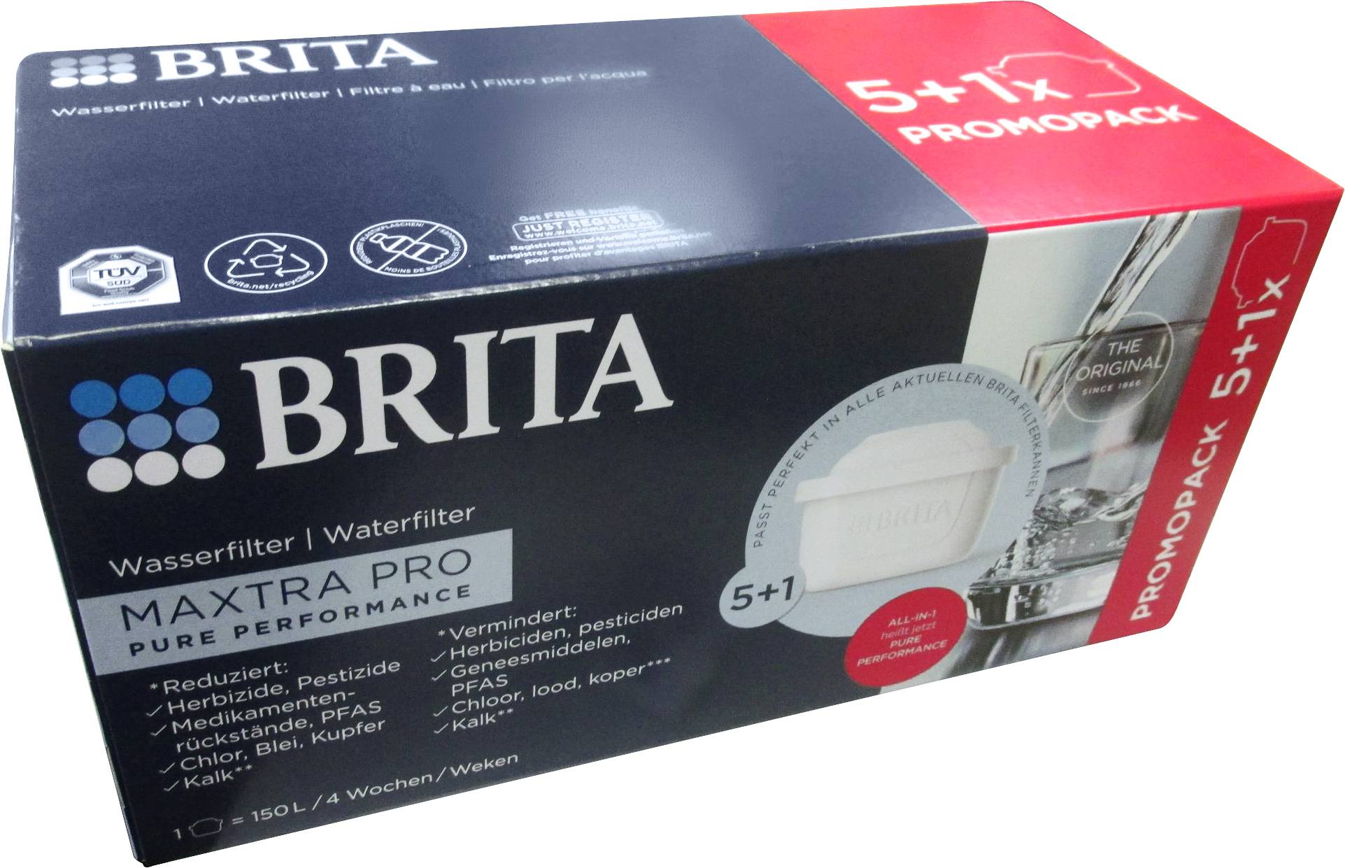 'Brita Maxtra Pro' water filter box showing 5+1 promo pack. Features include reduced impurities, improved taste, and compatibility details.