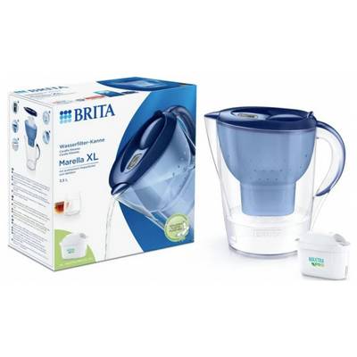 Brita Marella XL Water Filter Jug in Blue, showing packaging and filter cartridge. Capacity: 3.5 L, with MAXTRA+ Filter Technology.