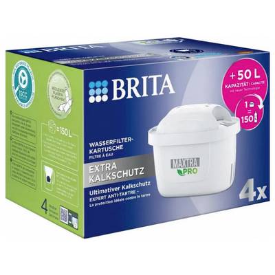 Packaging for a Brita water filter cartridge with 'Extra Limescale Protection', Maxtra+ Technology, Capacity 150 Litres, Contains 4 Cartridges.