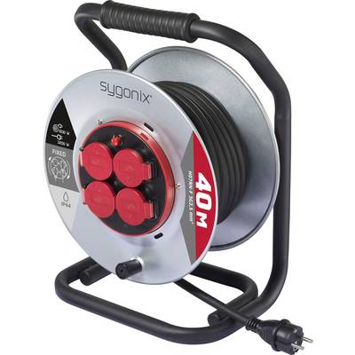 A metal cable reel with four red sockets on the side and 40 meters of black cable. Branding is visible on the reel.