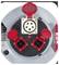 A silver and black power reel with three red plug sockets, labeled with voltage and safety information.