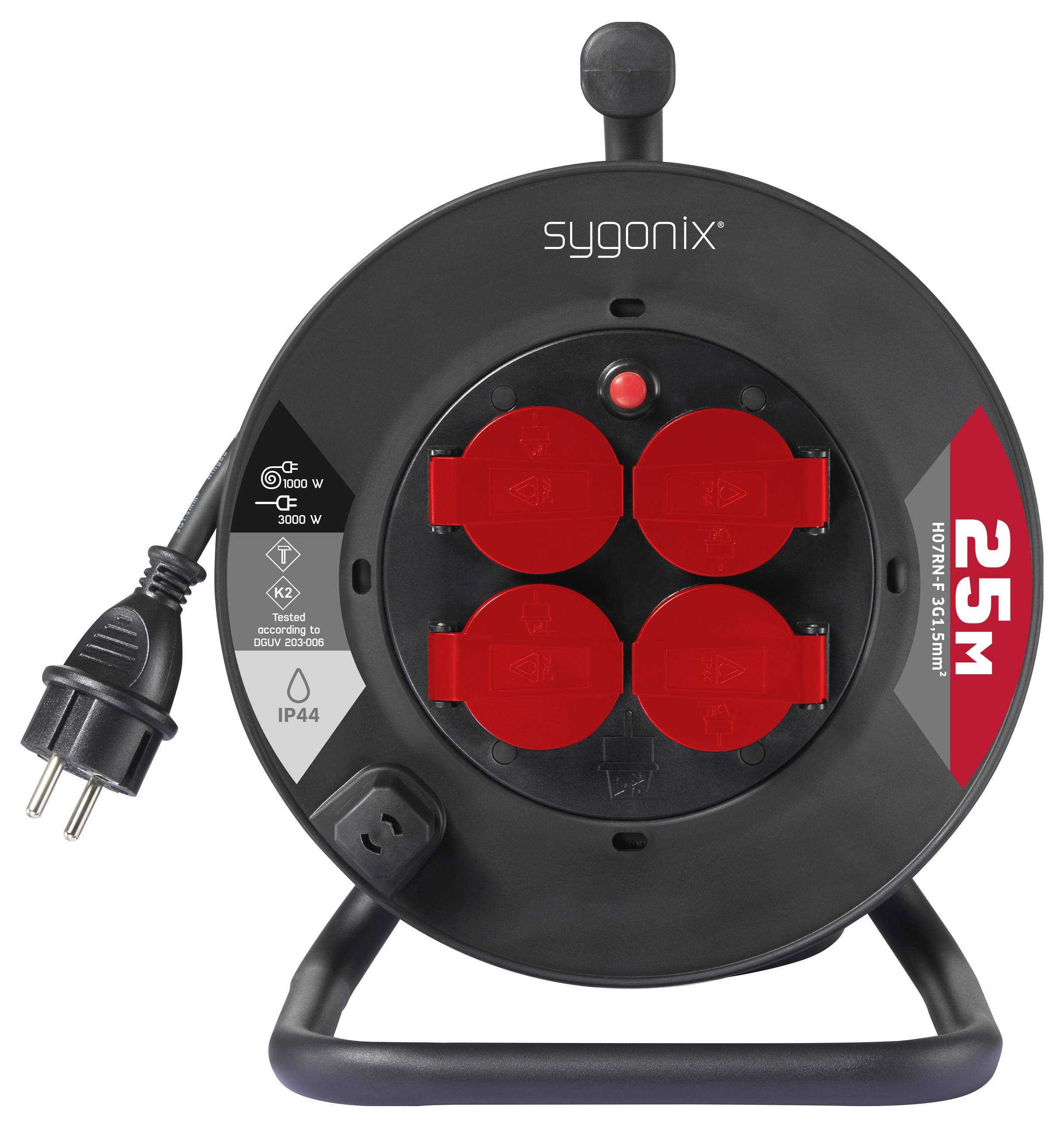 A black extension cord reel with four red sockets and a 25-meter cable length indicator, suitable for both indoor and outdoor use.