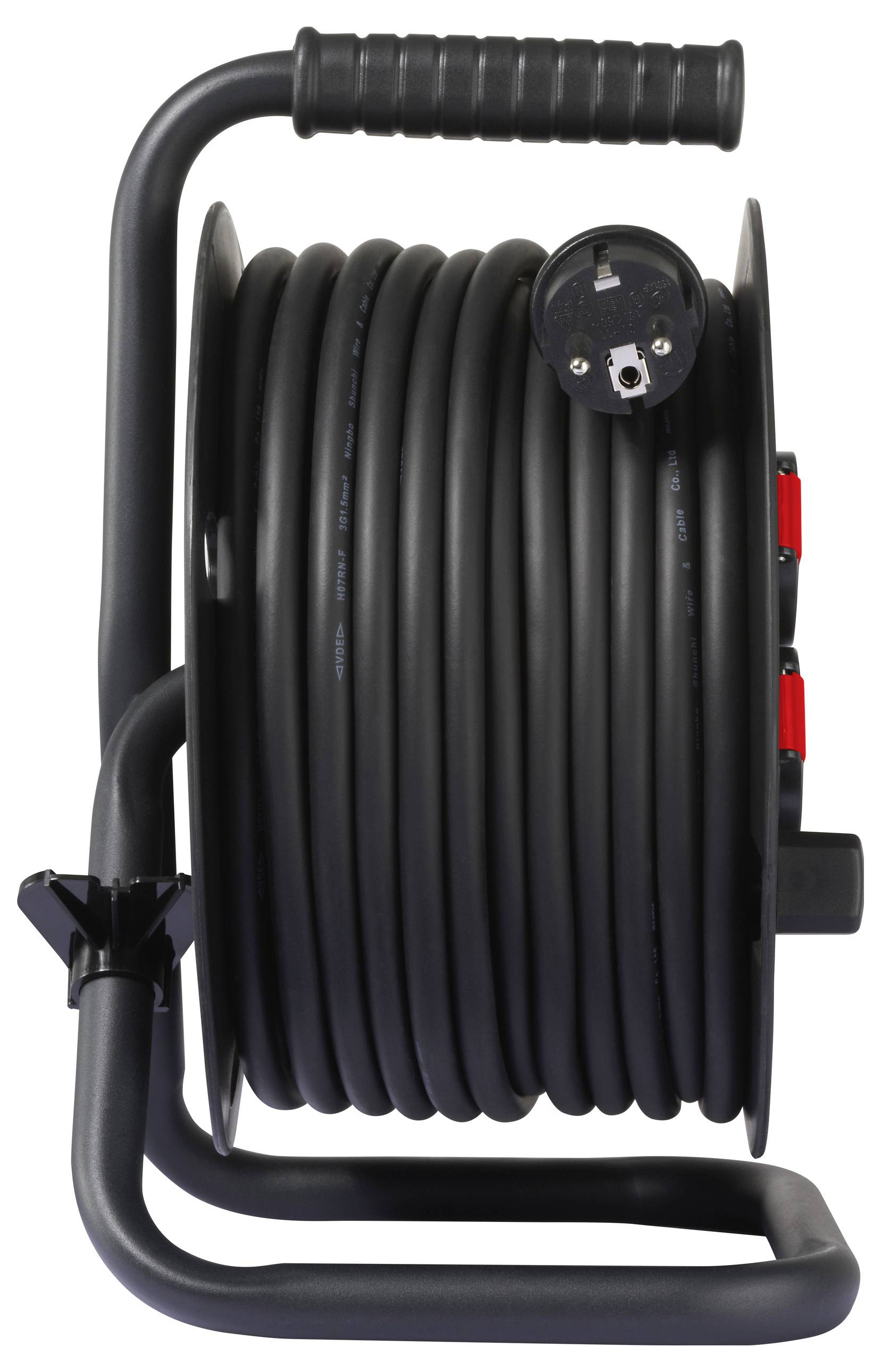 A black, coiled extension cord reel with a handle on top and outlet sockets on the side, designed for managing long electrical cables.