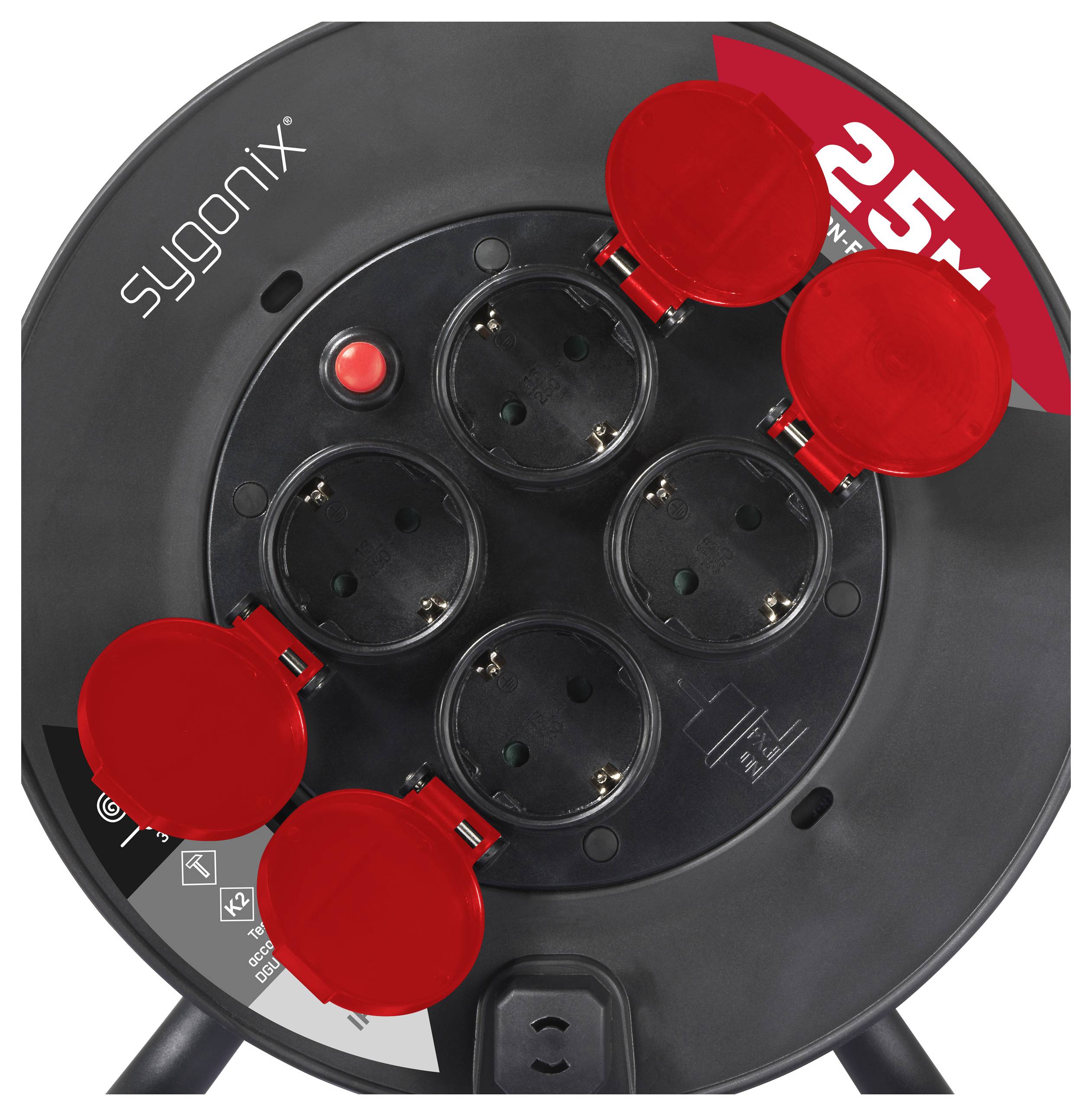 A round black power strip with four red outlets, each with a protective cover, labeled 'sygonix 25m'.