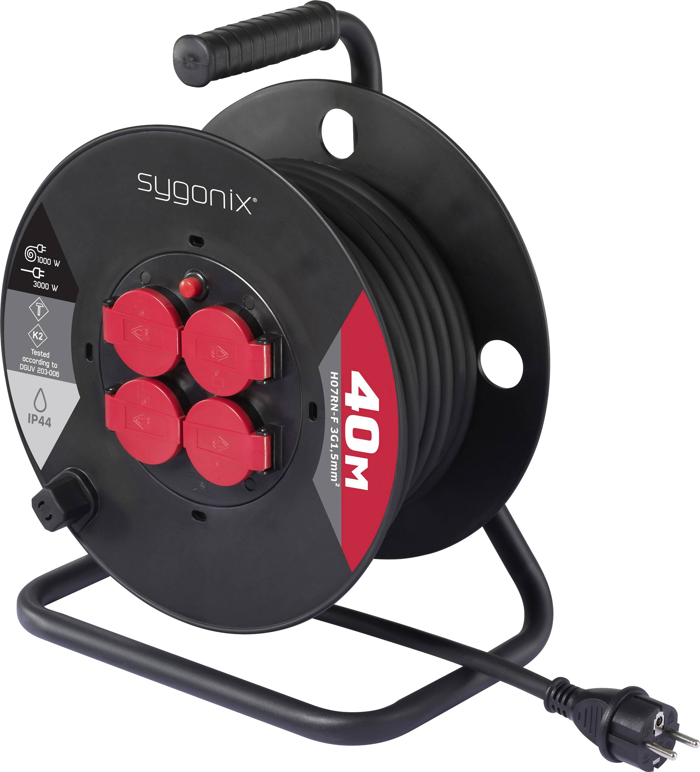 A black cable reel with a handle, four red sockets, a plugged-in power cord, and labeled with 'sygonix' and '40M'.