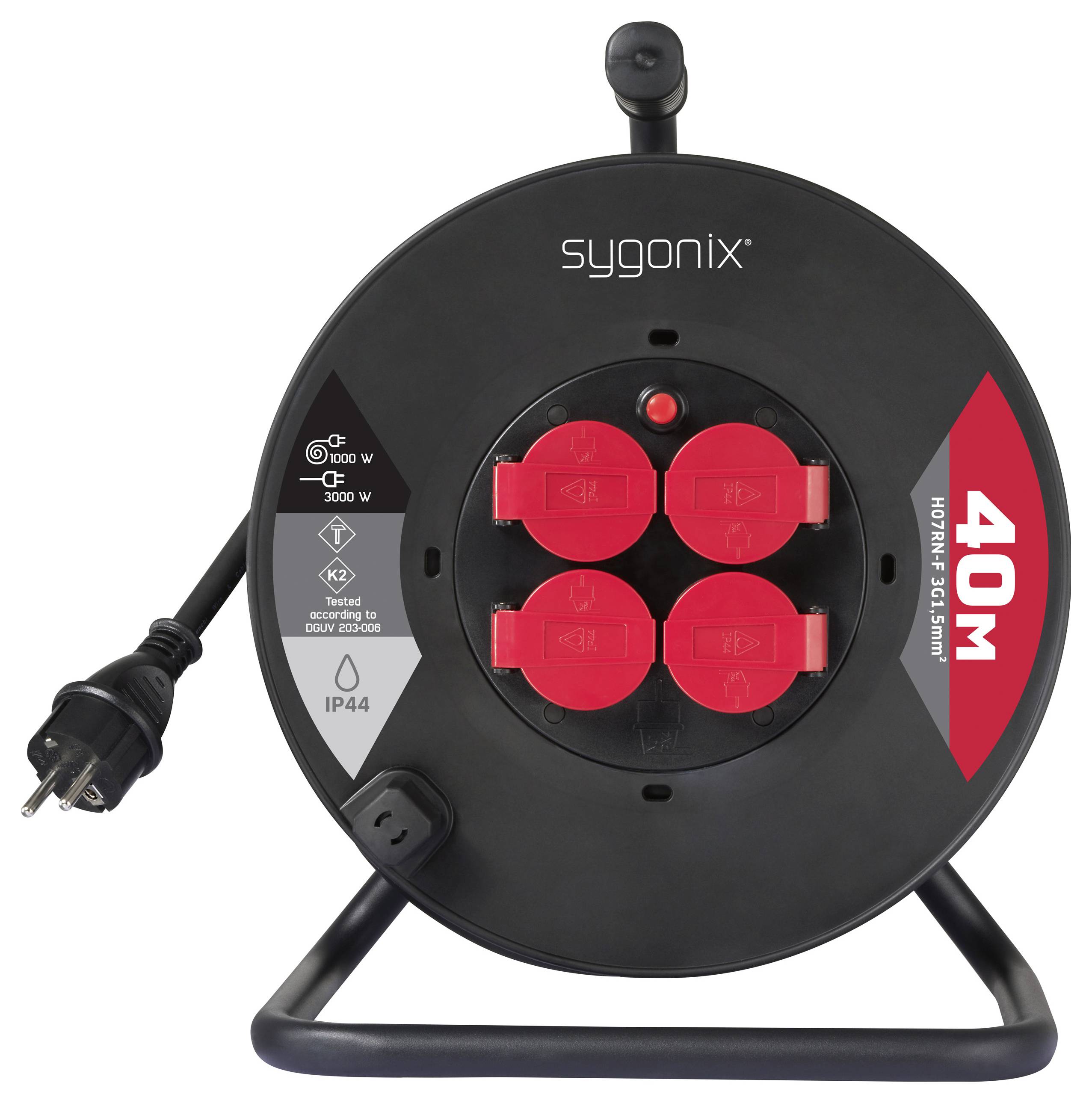 A black extension cord reel with four red outlets, a carry handle, and a 40-meter cable marker. It's designed for indoor and outdoor use.