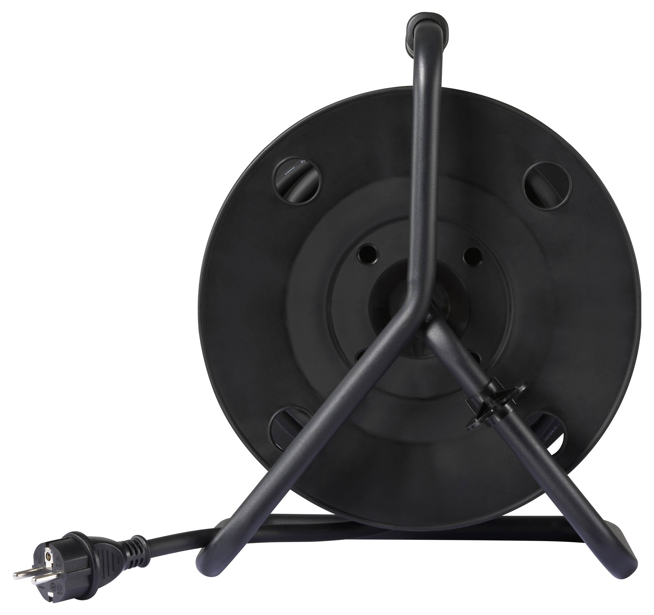 A black cable reel with three circular openings and an attached power cord, resting on a stand with a handle on top.
