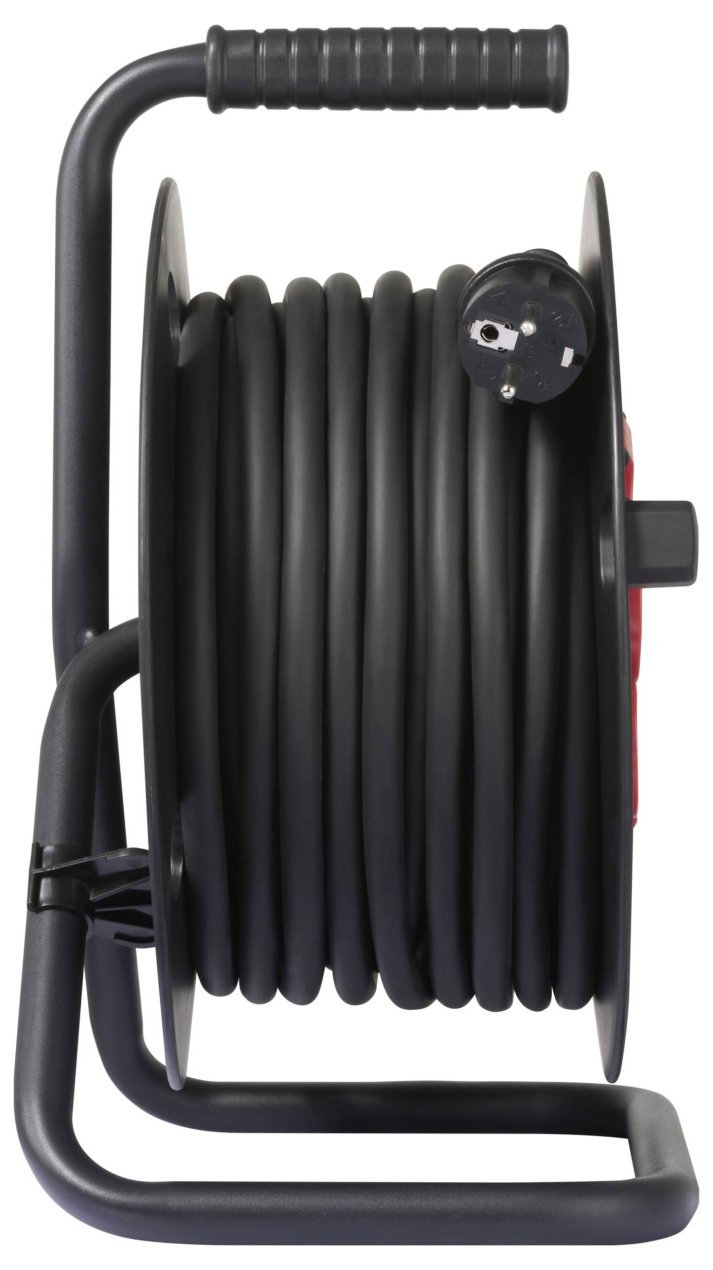 A black cable reel with a handle is shown, featuring coiled cable and a plug, designed for portable use and easy cable storage.