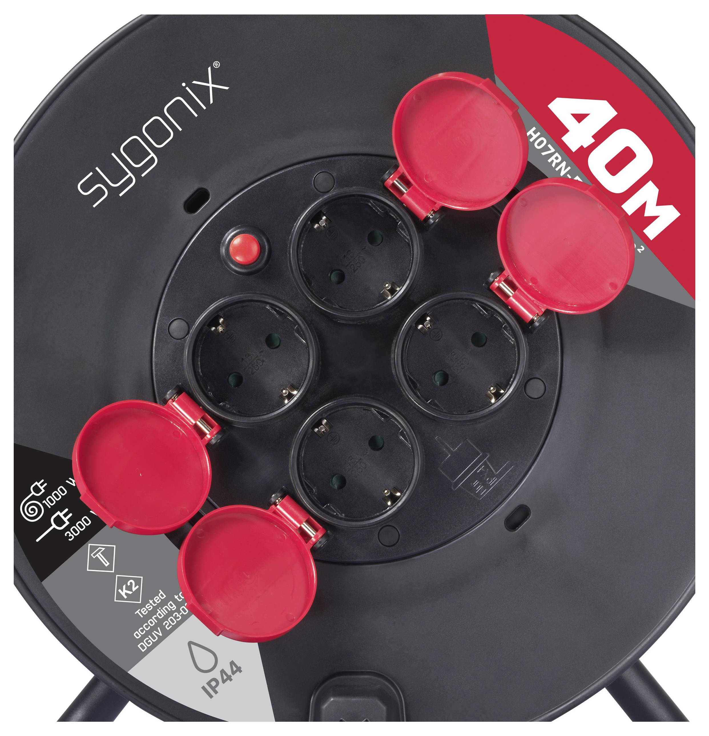 'Black electrical extension reel with four red-outlined sockets, labeled Sygonix, featuring 40m cable length, 3,500W capacity, IP44 rated.'