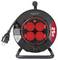 'Black cable drum with four red sockets, a 25-meter cable length, and an IP44 rating. Suitable for outdoor use.'