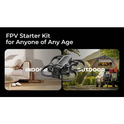 'FPV Starter Kit for Anyone of Any Age' split image shows a drone hovering over indoor and outdoor settings, featuring a cozy living room and a camping scene with a tent and car.