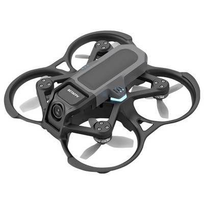A small, black quadcopter drone with protective guards around its four propellers and a camera at the front.