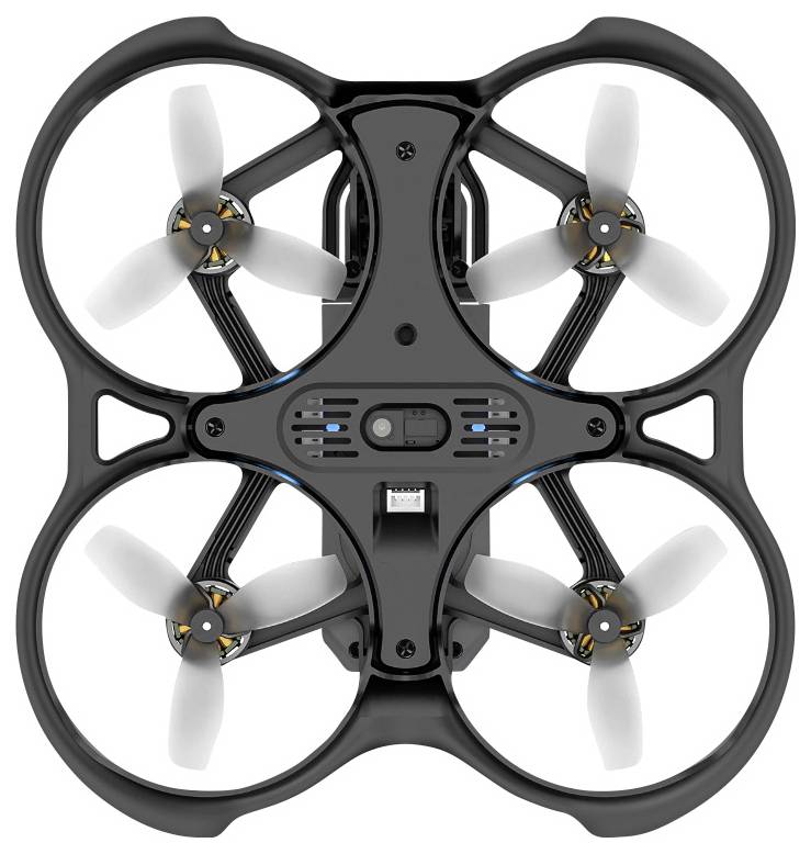 A compact, 4-blade drone with a circular protective frame, viewed from above, showcasing its symmetrical design and innovative structure.