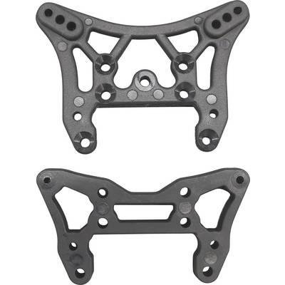 Two gray, intricately designed metal brackets with multiple holes, likely for mechanical assembly or structural support usage.