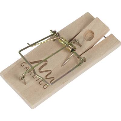 A classic wooden mousetrap with a metal bar and tensioned spring mechanism lies on a white surface.