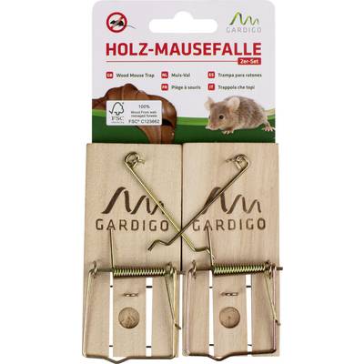 Packaging containing two Gardigo wooden mouse traps, FSC-certified. Clear text in multiple languages, showing function and brand.