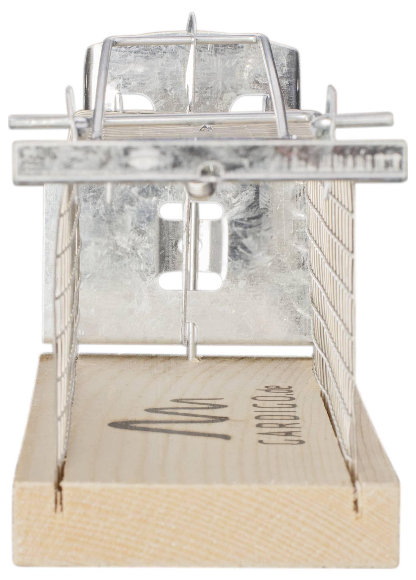 Silver metal mousetrap with a wooden base, ready for use. It features an open door design with a sensitive trigger.