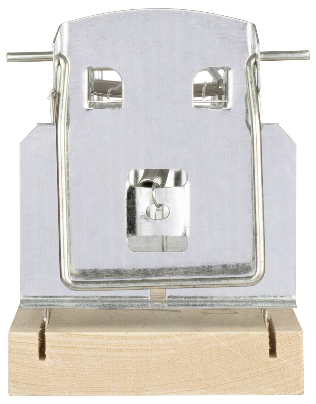 Metal mousetrap with wooden base, ready for use.