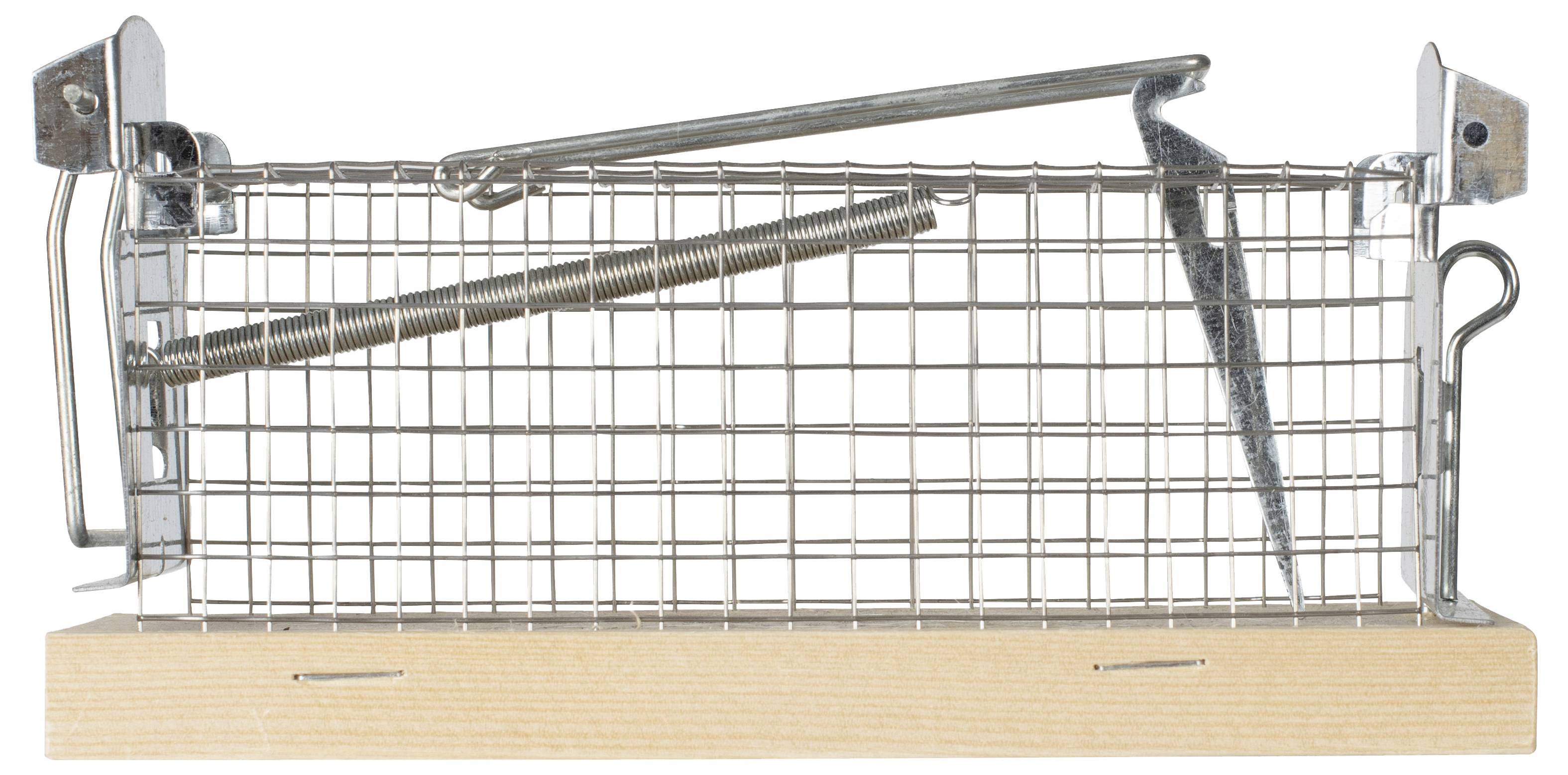 Metal mousetrap on a wooden base, with a spring-loaded mechanism and mesh structure.