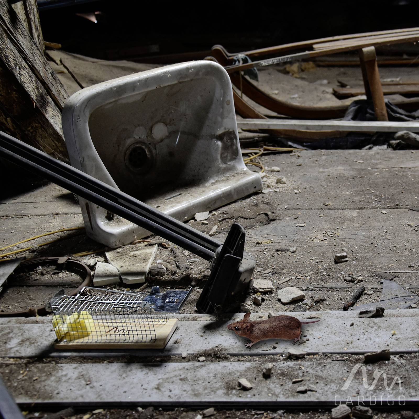 An abandoned, dusty workshop with broken furnishings and a mousetrap with bait on the floor.