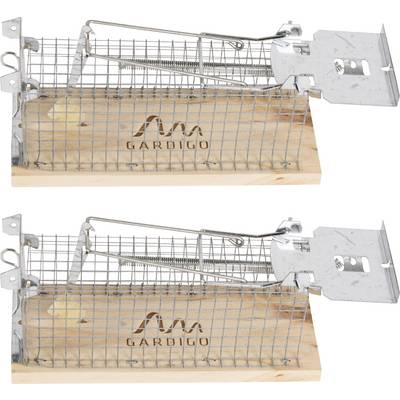 Two identical live traps for mice made of wood and metal, with visible spring mechanism and 'Gardigo' label.