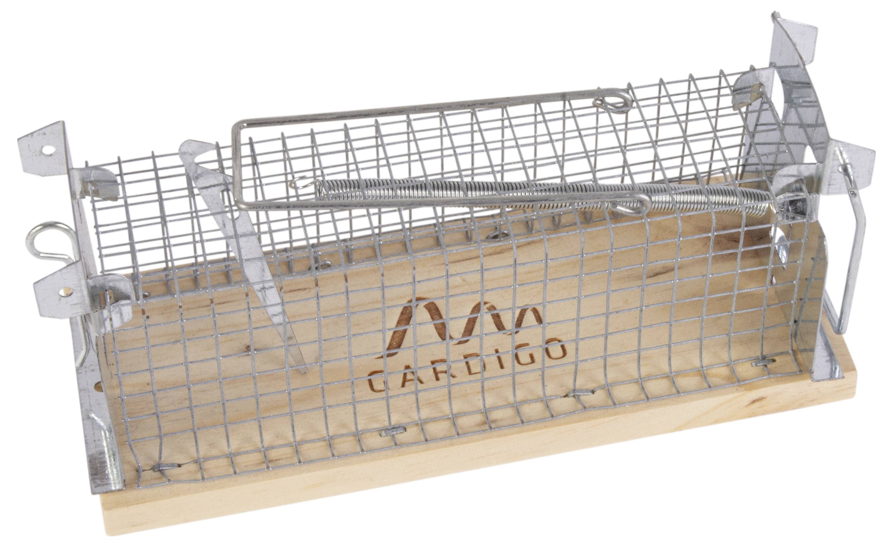 Metal trap with wooden base, suitable for catching small animals such as mice or rats. Rectangular shape, wire mesh design.