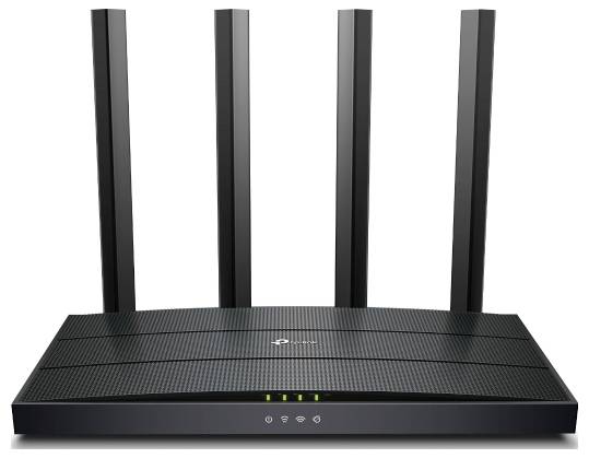 Black Wi-Fi router with four aerials and illuminated indicator LEDs on the front, against a white background.