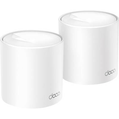 Two white cylindrical Wi-Fi routers with the inscription 'deco', positioned side by side. They are used to extend the network.