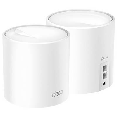 Two white cylindrical routers from TP-Link. One device has the 'deco' and TP-Link logos visible, with the rear showing Ethernet ports.